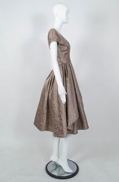 New Look Taupe Silk Sateen Jacquard Cutaway Decolletage Party Dress - S, 1950s Elegant Silk Vintage Dress For Party, Elegant Silk Vintage Party Dress, 1950s Style Dress With Fitted Bodice For Formal Occasions, 1950s Style Dress With Fitted Bodice For Formal Events, 1950s Style Formal Dress With Fitted Bodice, Elegant Vintage Dress With Full Skirt For Party, Vintage Full Skirt Evening Dress, 1950s Style Tea Length Formal Dresses, 1950s Style Formal Silk Dress