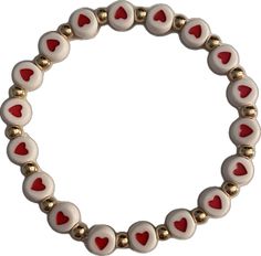 Cute Gold Beaded Bracelets With Heart Beads, Cute Red Bracelets For Valentine's Day, Gold Bracelet With Double Heart And Heart Beads, Gold Double Heart Bracelets With Heart Beads, Gold Beaded Heart Bracelet For Valentine's Day, Gold Stretch Bracelet With Heart Charm, Cute Gold Bracelets For Valentine's Day, Valentine's Day Heart Charm Stretch Bracelet, Valentine's Day Heart-shaped Stretch Bracelet With Heart Charm