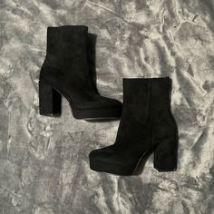 Black Velvet Chunky Heel Booties; Never Worn- Nwb. Size 7.5 Chunky Platform Heeled Boots For Winter Night Out, Winter Chunky Platform Heeled Boots For Night Out, Chunky Platform Heels For Night Out In Winter, Winter Platform Boots With Stacked Heel For Night Out, Winter Night Out Platform Boots With Stacked Heel, Black Chunky Boots Outfit, Chunky Boots Outfit, Black Chunky Boots, Thick Heel Boots