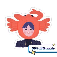 a sticker with an image of a woman wearing a crab hat on her head