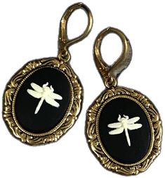 Elegant Dragonfly Earrings With Ear Wire, Elegant Hypoallergenic Dragonfly Earrings, Dragonfly Gifts, Dragonfly Jewelry, Cameo Earrings, Dragonfly Earrings, Palm Beach Gardens, Beach Gardens, Black And Cream