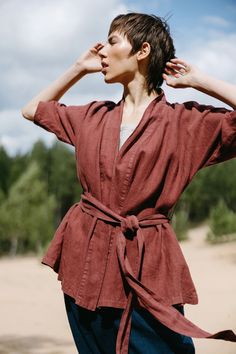 Red Summer Outerwear With Kimono Sleeves, Matching Ideas, Linen Coat, Coat With Belt, Cropped Sleeves, Jacket With Pockets, Linen Jackets, Linen Jacket, Linen Blazer