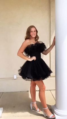 ruffles black fit and flare A-line short homecoming dress party dress #homecoming2023 Tulle Dress With Ruffled Skirt And Straps, Sleeveless Tulle Corset Dress With Ruffles, Strapless Ruffle Dress With Fitted Bodice For Prom, Formal Tulle Dress With Ruffled Skirt, Elegant Dresses With Ruffled Tulle Straps, Black Organza Strapless Dress, Black Strapless Organza Dress, Strapless Ruffled Corset Dress, Strapless Prom Dresses With Ruffled Skirt