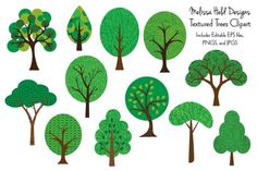 a set of trees with different shapes and sizes, all in the same green color