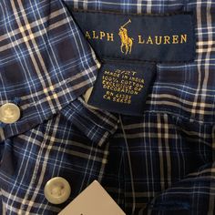 Brand New Preppy Blue Shirt With Button Closure, Preppy Blue Top With Buttons, Ralph Lauren Blue Tops With Button Closure, Blue Ralph Lauren Tops With Button Closure, Ralph Lauren Blue Top With Buttons, Blue School Shirt With Button Closure, Blue School Tops With Button Closure, Ralph Lauren Blue, Ralph Lauren Shirt