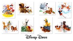 the disney dogs are all painted in watercolors and have different designs on them