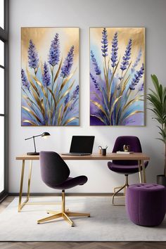 two paintings are hanging on the wall above a desk with a laptop and purple chair