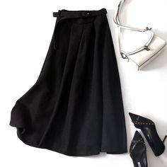 Cap Point black skirt / One Size Elegant High Waist Pleated Solid A-Line Long Skirt With Belt Long Skirt Winter, Pleats Pattern, Fashion Silhouette, Solid Skirt, High Waisted Pleated Skirt, Office Dresses For Women, Empire Style, Fall Skirts, Beautiful Skirts