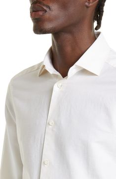 Presented in classic white, this long-sleeve button-up is crafted from a soft, breathable blend of cotton, linen and silk for year-round comfort. Front button closure Point collar Long sleeves with button cuffs 60% cotton, 25% linen, 15% silk Dry clean Made in Italy Men's Designer Clothing White Cotton Dress Shirt With Fold-down Collar, White Linen Formal Shirt, Formal White Linen Shirt, White Linen Top For Formal Occasions, Classic Linen Shirt For Office, Timeless White Button-up Dress Shirt, Timeless White Cotton Dress Shirt, Spring Timeless Collared Dress Shirt, Timeless Cotton Shirt For Spring