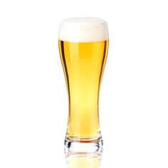 a tall glass filled with beer sitting on top of a table