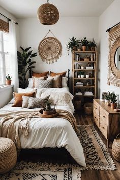 a bed room with a neatly made bed and lots of plants