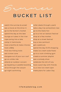 the summer bucket list is shown on an orange background with white and black text that reads,