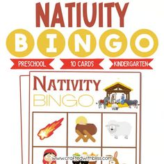 the nativity bingo game is shown in red, white and yellow with pictures of animals