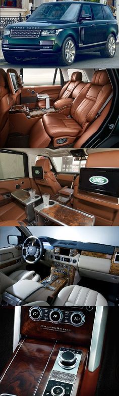 the interior of a car is shown in three different pictures, including one with brown leather and