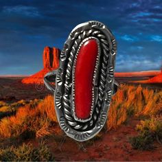 Elongated Coral Ring In Sterling Silver. Coral Set Into Sawtooth Bezel With Stamped Edging & Rope Trim. Length At Front, From Top To Bottom Is 1 1/8 Inches. 4 Grams In Weight. Unsigned Coral Ring, Ring Size 7, Womens Jewelry Rings, Ring Size, Coral, Size 7, Women Jewelry, Stamp, Trim