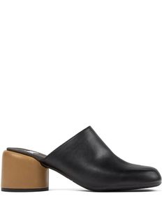 black/blue/brown leather smooth grain colour-block panelled design square toe branded insole low block heel slip-on style Block Heel Mules, Black Leather Mules, Design Square, Iconic Bags, Loafer Mules, Summer Beach Wear, Leather Mules, Flat Boots, Colour Block