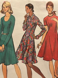 three women's dresses, one in green and the other in red