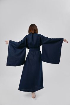 This exquisite Japanese kimono dress is the perfect gift for the special woman in your life - whether it's your girlfriend or wife. Crafted from high-quality linen, this long jacket effortlessly combines comfort and style. This versatile piece can be styled as a coat, a maxi boho cardigan, or a minimalistic linen robe, making it a must-have addition to any eco-friendly wardrobe. Wrapped dress with long traditional Japanese kimono sleeves is suitable for various occasions, for recreation and spec Long Sleeveless Kimono Winter, Traditional Long Kimono, Luxury Traditional Winter Kimono, Luxury Traditional Long Sleeve Kimono, Kimono Dress Outfit, Traditional Japanese Clothes, Fancy Kimono, Japanese Style Dress, Japanese Coat