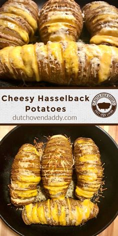 cheesey hasselback potatoes in a cast iron skillet