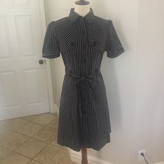 Nwt Black & White Striped Shirtdress With Removable Tie Belt From Forever 21. Top Panel/Button Detailing. Buttons All The Way Up The Front Of The Dress. 2 Front Button Pockets. Short, Slightly Puffy Sleeves. Bust: 16" Length From Top Center Neck To Back Hem: 37.5" Casual Summer Shirt Dress For Office, Casual Shirt Dress For Summer Office Wear, Fitted Short Sleeve Shirt Dress For Work, Fitted Casual Shirt Dress For Work, Casual Fitted Mini Dress For Office, Fitted Casual Mini Dress For Office Wear, Classic Fitted Shirt Dress For Office, Fitted Classic Shirt Dress For Office Wear, Casual Cotton Mini Dress For Office