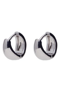 Chunky hoop earrings crafted from sterling silver instantly elevate any ensemble. 1/2" hoop diameter Hinge with snap-post closure Sterling silver or sterling silver and goldtone plate Imported Classic Nickel-free Huggie Earrings, Classic Round Clip-on Huggie Earrings, Classic Silver Tarnish-resistant Clip-on Earrings, Classic Everyday Clip-on Huggie Earrings, Classic Clip-on Huggie Earrings For Everyday, Classic Nickel-free Huggie Earrings For Anniversary, Modern Nickel-free Hoop Earrings For Formal Occasions, Modern Nickel-free Hoop Earrings For Formal Events, Classic Silver Clip-on Hoop Earrings