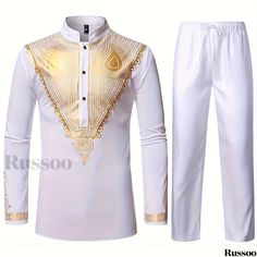 Russoo - Traditional Mens African 2-Piece Ensemble: Long Sleeve Dashiki with Gold Print and Coordinating Pants Fitted White Pant Set With Long Sleeves, Fitted White Long Sleeve Pant Set, White Fitted Long Sleeve Pant Set, Traditional White Pant Set For Summer, White Long Sleeve Pant Set For Summer, Gold Print, Mandarin Collar, 2 Piece, Knit Fabric