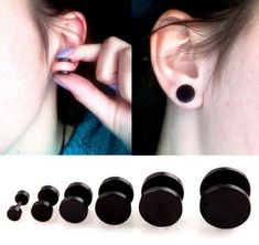 four pairs of black acrylic ear plugs are shown next to each other