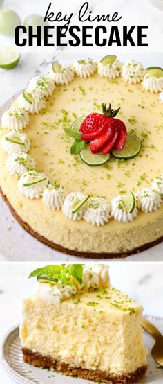 two pictures of a cheesecake with strawberries and cucumbers on top, the first photo has a slice missing