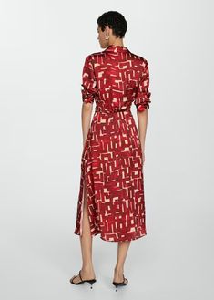 Printed shirt dress - Women | MANGO USA Mango Print, Dress Woman, Printed Shirt Dress, Geo Print, Long Sleeve Maxi, Printed Ties, Shirtdress, Tie Belt, Printed Shirts