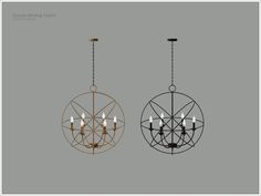 two chandeliers hanging from the ceiling, one with five lights and one without