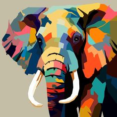 an elephant with colorful paint on it's face and tusks, standing in front of a gray background