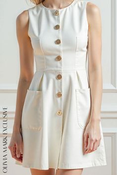 Olivia Mark - Elegant Ivory A-Line Dress with Classic Buttons and Pockets Olivia Mark, A Line Dress, A Line