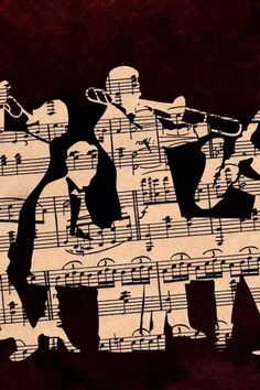 an image of some music notes with people playing the piano and violins on them