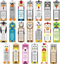 an assortment of bookmarks with different types of birds and words on them, all in different colors