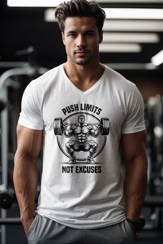 Elevate your gym sessions with our Limit Breaker Tee, designed to inspire and withstand the rigors of an intense workout. Emblazoned with a powerful 'Push Limits Not Excuses' graphic, this shirt is a call to action for anyone looking to push their boundaries. Check out the heavy cotton crewneck t-shirt with this design here: https://www.etsy.com/listing/1666579281/limit-breaker-tee-lifting-t-shirt-gym Bella+Canvas 3005, B&C TM044 Premium Unisex V-Neck T-shirts Sizing Information: - A size chart is provided in the photos section for the perfect fit. - These unisex sizes may not align with fitted women's sizing. For a snugger fit, consider going a size down. - To compare, measure one of your favorite tees from armpit to armpit while lying flat. Order Processing: Takes 2-5 business days. Make White Workout T-shirt With Logo Print, White Athletic Fit T-shirt For Workout, Athleisure Graphic Print T-shirt For Training, White V-neck Gym Top, Short Sleeve Gym Tops With Sublimation Print, Sublimation Print Short Sleeve Gym Tops, Athleisure Gym Tops With Sublimation Print, White Letter Print T-shirt For Training, Gym Graphic Tee With Logo Print