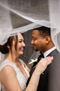 Interracial couple laughing and smiling at each other under a white vail. Lovely Couple, Wedding Goals, Wedding Moments, Happily Ever After, Bride Groom, Wedding Details