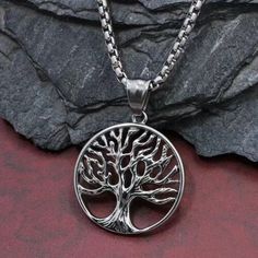 Silver Family Tree of Life Pendant Necklace Irish Celtic Jewelry Chain 24" | eBay Silver Chain Alloy Necklace, Round Alloy Necklace With Silver Chain, Round Silver Chain Necklace In Alloy, Vintage Stainless Steel Box Chain Jewelry, Round Alloy Chain Necklace, Spiritual Stainless Steel Chain Necklace, Alloy Necklace With Lobster Clasp As A Gift, Vintage Stainless Steel Box Chain Necklaces, Stainless Steel Jewelry With Silver Chain And Round Pendant