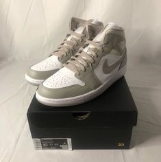 Air Jordan 1 Mid "Linen" Modern Mid-top Jordan Shoes With White Sole, Modern High-top Fade-resistant Basketball Shoes, Dior X Jordan, Air Jordan 1 Mid Linen, Jordan 1 Mid Linen, Grey Color Scheme, Air Jordan 1 Mid, Jordan 1 Mid, Michael Jordan