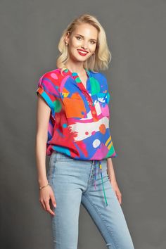 Nico Top - Miami Vibes – Eva Franco Casual Multicolor Print Button-up Blouse, Casual Button-up Top With Vibrant Print, Colorful Printed Casual Blouse, Casual Multicolor Printed Blouse, Casual Multicolor Print Tops For Workwear, Trendy Multicolor Tops With Pockets, Casual Workwear Blouse With Abstract Print, Casual Multicolor Graphic Print Blouse, Casual Abstract Print Tops For Work