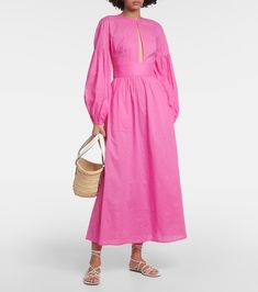 Roset puff-sleeve cotton maxi dress in pink - Marysia | Mytheresa Cotton Maxi Dress With Gathered Sleeves For Summer, Cotton Maxi Dress With Puff Sleeves, Cotton Maxi Dress With Gathered Puff Sleeves, Cotton Midi Dress With Elastic Sleeves, Elegant Cotton Dresses With Elastic Sleeves, Elegant Cotton Dress With Elastic Sleeves, Cotton Puff Sleeve Long Sleeve Dress For Daywear, Cotton Maxi Dress With Puff Sleeves For Daywear, Cotton Maxi Dress With Gathered Sleeves