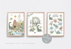 three children's wall art prints featuring dinosaurs and the letter r, each with their own name