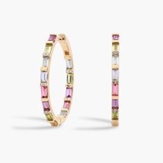 Elevate every day with these hoop earrings featuring a dazzling row of alternating pastel baguette gemstones and pave-set diamonds. The 1.25’’ diameter hoops are subtle enough for weekday wear, yet stunning enough for weekend events. Baguette Jewelry, Diamond Hoop Earrings, Semi Precious Gemstones, Gemstone Earrings, Jewelry Pieces, Beautiful Jewelry, Semi Precious, Jewelry Box, Every Day