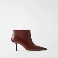 New With Tag. Burgundy Red - 1103/510 . Burgundy Leather Mid-Heel Ankle Boots. Leather Upper. Pointed Toe. Heel Height: 7 Cm. / 2.7″. Elegant Red Heeled Boots For Spring, Elegant Red Heeled Boots For Fall, Elegant Brown Heeled Boots By Zara, Chic Burgundy Ankle Heeled Boots, Chic Burgundy Ankle Boots, Elegant Burgundy Heels For Winter, Chic Burgundy High Heel Boots, Burgundy Boots For Office Use In Fall, Burgundy Boots For Office Wear In Fall