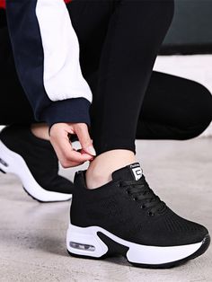 Black and White     Letter  Embellished   Women Shoes Summer Trainers, Height Insoles, Plateau Sneaker, Casual Wedges, Women Platform Shoes, Walking Shoes Women, Breathable Sneakers, Mua Sắm, Up Shoes