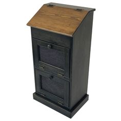 a wooden cabinet with two drawers on one side and an open drawer on the other