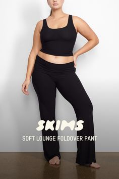 This soft, smooth, and stretchy ribbed pant features a throwback-inspired flare with a foldover waistband. | SKIMS Foldover Pants | Black | XL | Soft Lounge Foldover Pants, Candle Pedestal, Olivia Munn, Black Xs, Pants Black, Outfits With Leggings, Fold Over, Black Media, Black Pants