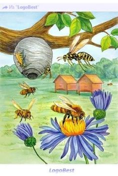 the bees are flying around the blue flower and beehive on the tree branch