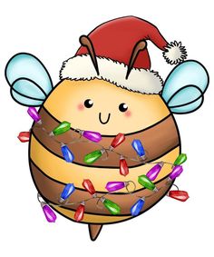 a cartoon bee wearing a santa hat and christmas lights