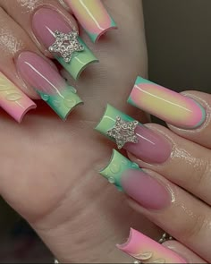 Long Square Summer Nails, Summer Nail Sets, Airbrush Nail Designs, Cosmic Nails, Retro Nails, Super Cute Nails, Acrylic Nail Set