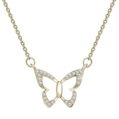 A one of a kind butterfly necklace with stunning diamonds along the openwork wings. The beautiful, dainty Farfalla butterfly diamond necklace is the perfect romantic and trendy piece. - 17" Length with Spring Ring Clasp - SI1 Diamond Clarity- H-I Diamond Color- Total Carat Weight: 0.05 CT- Available in 10K YG, 10K WG, 10K RG, 14K YG, 14K WG, 14K RG- Ethically sourced materials and conflict-free diamonds- Fully compliant with The Kimberley Process- Certificate of authenticity included Dainty Diamond Necklace With Butterfly Charm, Fine Jewelry Cubic Zirconia Necklace With Butterfly Charm, Luxury Butterfly Necklace With Diamond Accents, White Gold Butterfly Necklace With Cubic Zirconia, Luxury White Gold Necklace With Butterfly Charm, Luxury White Gold Necklaces With Butterfly Charm, Elegant Butterfly Diamond Necklace As Gift, Elegant Butterfly-shaped Diamond Necklace Gift, Elegant Butterfly Diamond Necklace Gift